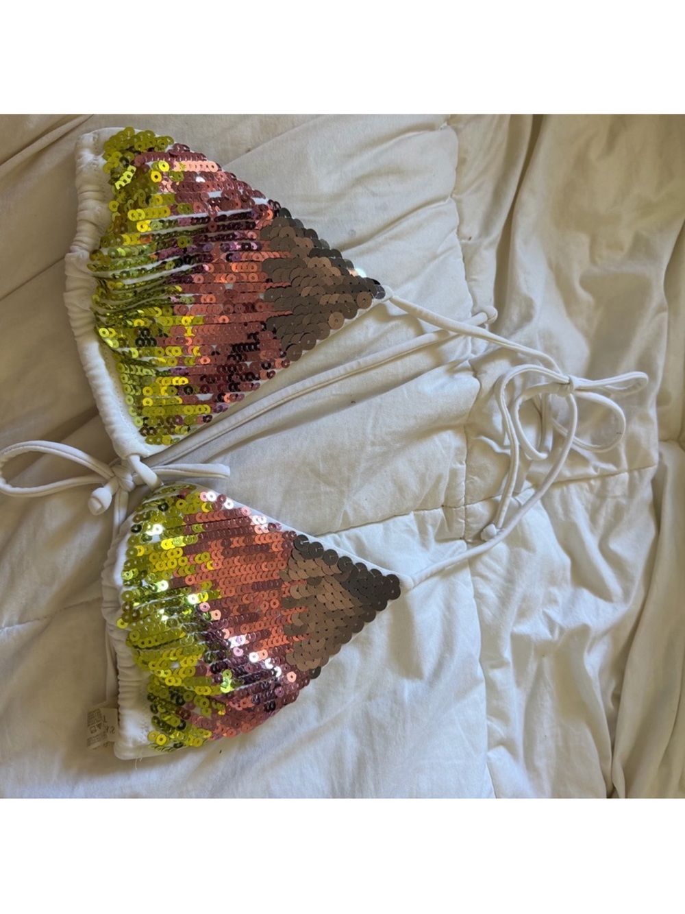 Sequin Triangle Bikini Top - Multicolor Sequins on White